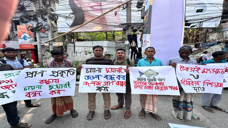 চায়না দুয়ারি জাল দিয়ে মাছ ধরা বন্ধের দাবিতে রাজশাহ...